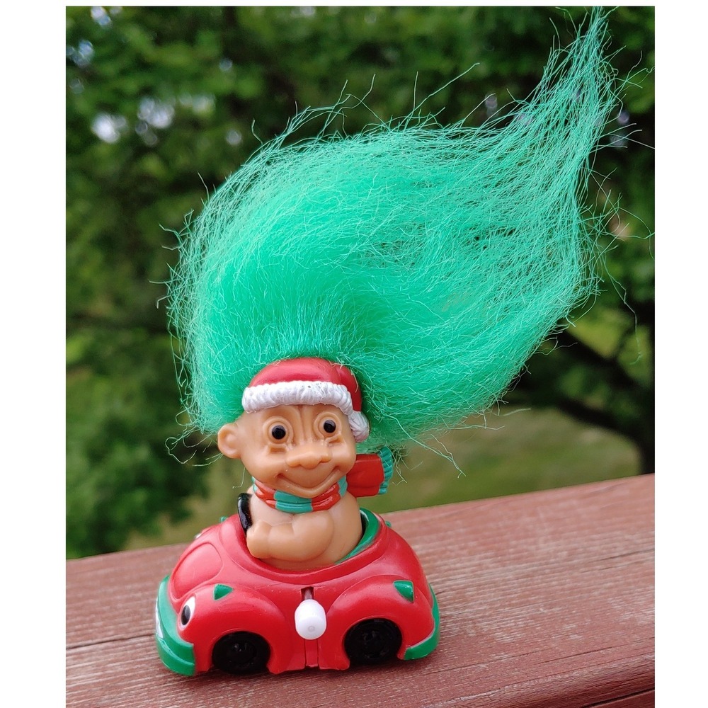 Troll Doll Santa Wind Up Toy Car Red Russ Berrie Vintage Christmas Green Hair